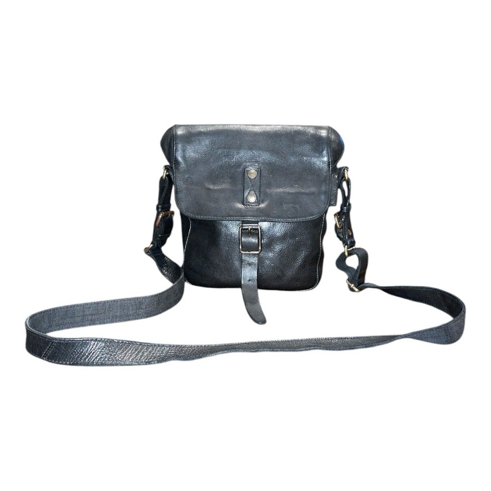 Aunts & Uncles Black Leather Crossbody Bag w/ leather and nylon strap. B 15